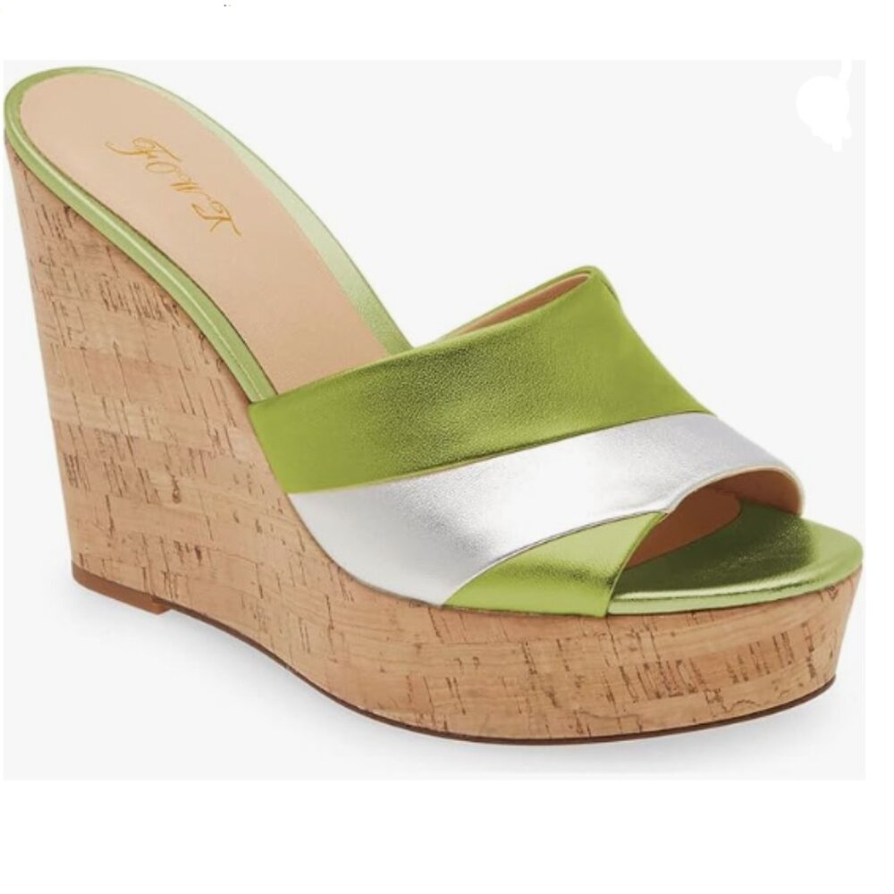 FOWT Spring Green Beach Platform Two Tone Stripes Patchwork Shallow Wedge Sandal